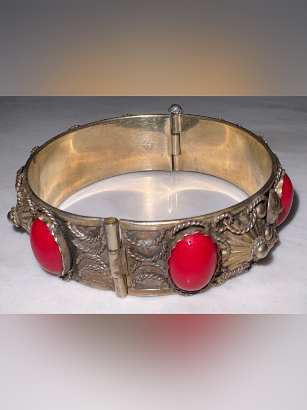 Vintage Italian Cannetille Bracelet with Red Cabochons "HAND MADE IN ITALY A.P."